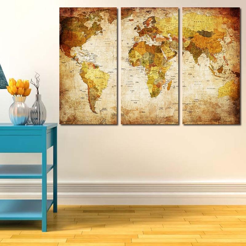 Buy 3Pcs World Map Printed Canvas Oil Painting Wall Art Home Decoration ...
