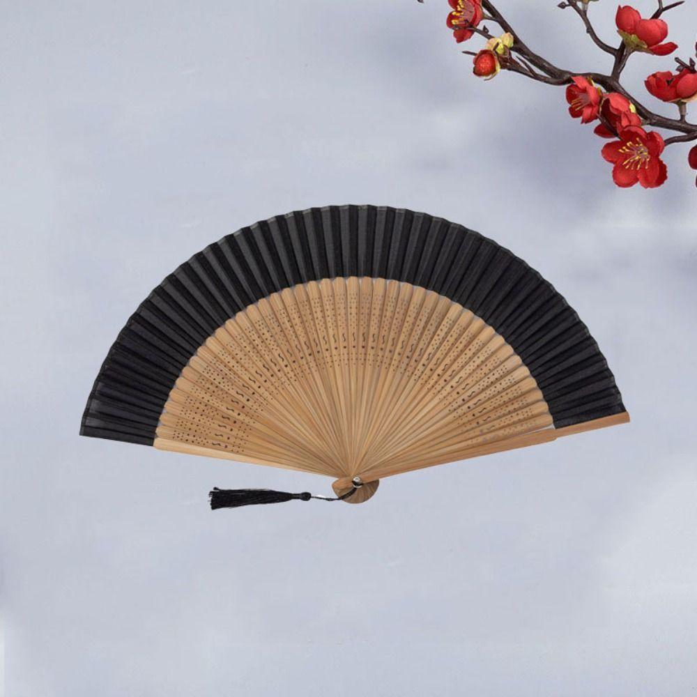 Decorative Fan Carved Handle Bamboo Folding Fan Handhold with Tassel Chinese Fan Vintage Dance Fan Summer