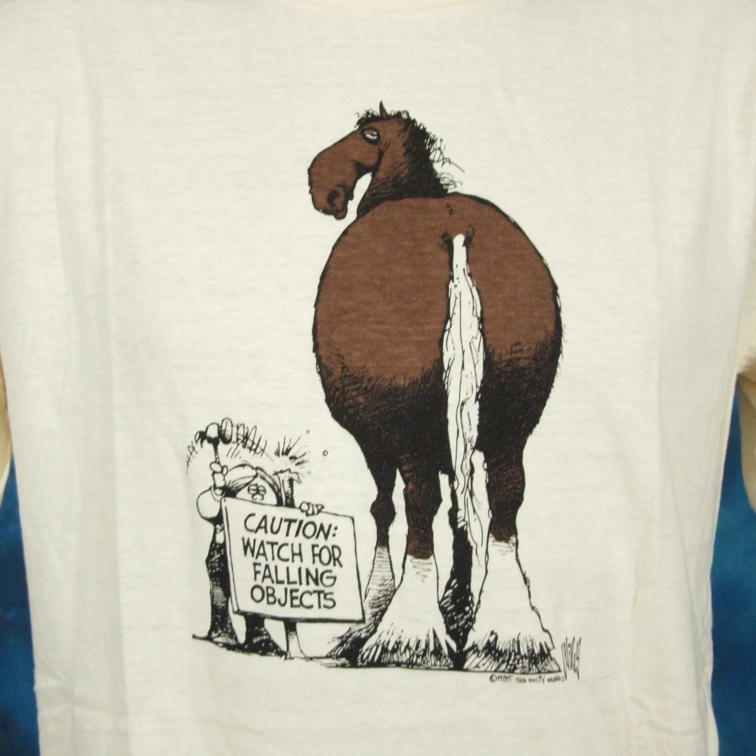NOS vtg 80s HORSE POOP JOKE CAUTION SIGN CARTOON WILEY MILLER T-Shirt M/L cowboy L