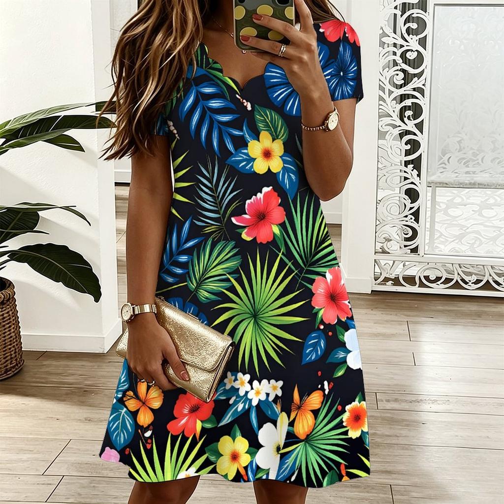 Ladies Plus Size V Neck Short Sleeve Dress Nature Floral Printed Loose A Line Dress For Spring And Summer Wear