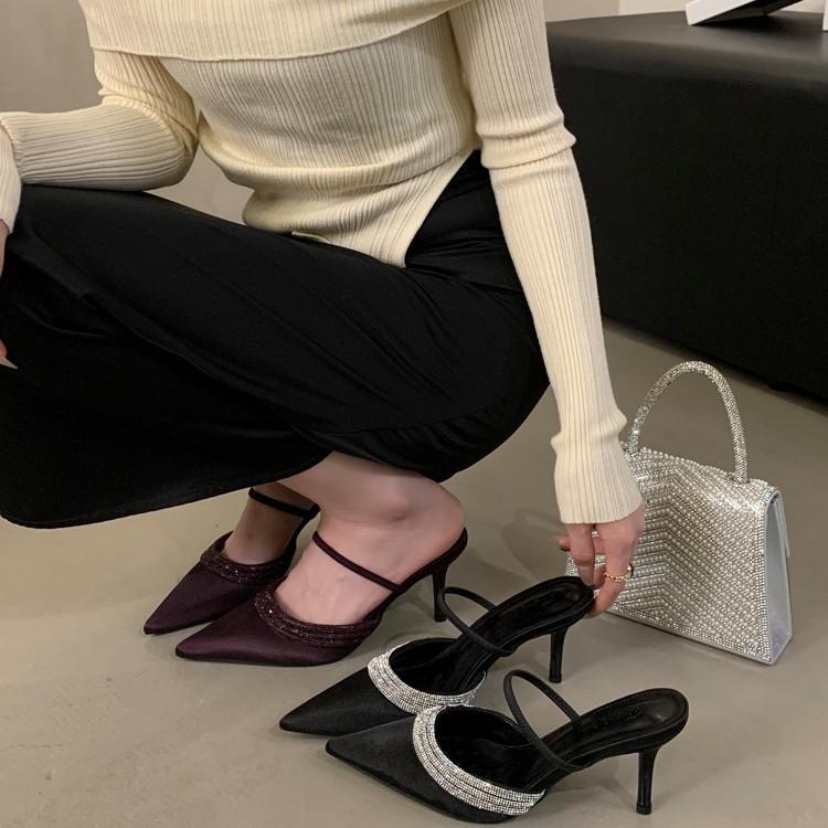 2025 spring rhinestone decorative satin surface pointed head thin heel high heel sandals women's shoes bag head shallow mouth half drag European and