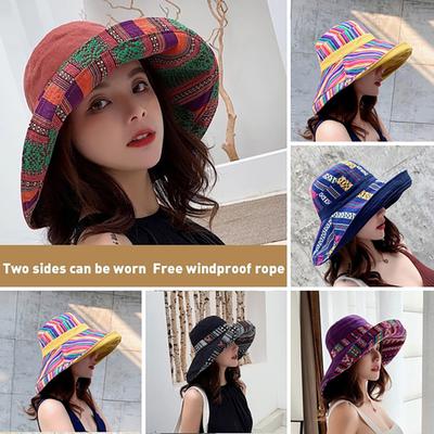 Chapéu de Pescador Patchwork Colorido Dupla Face Algodão Feminino Chapéu Balde com Proteção Solar para Viagem