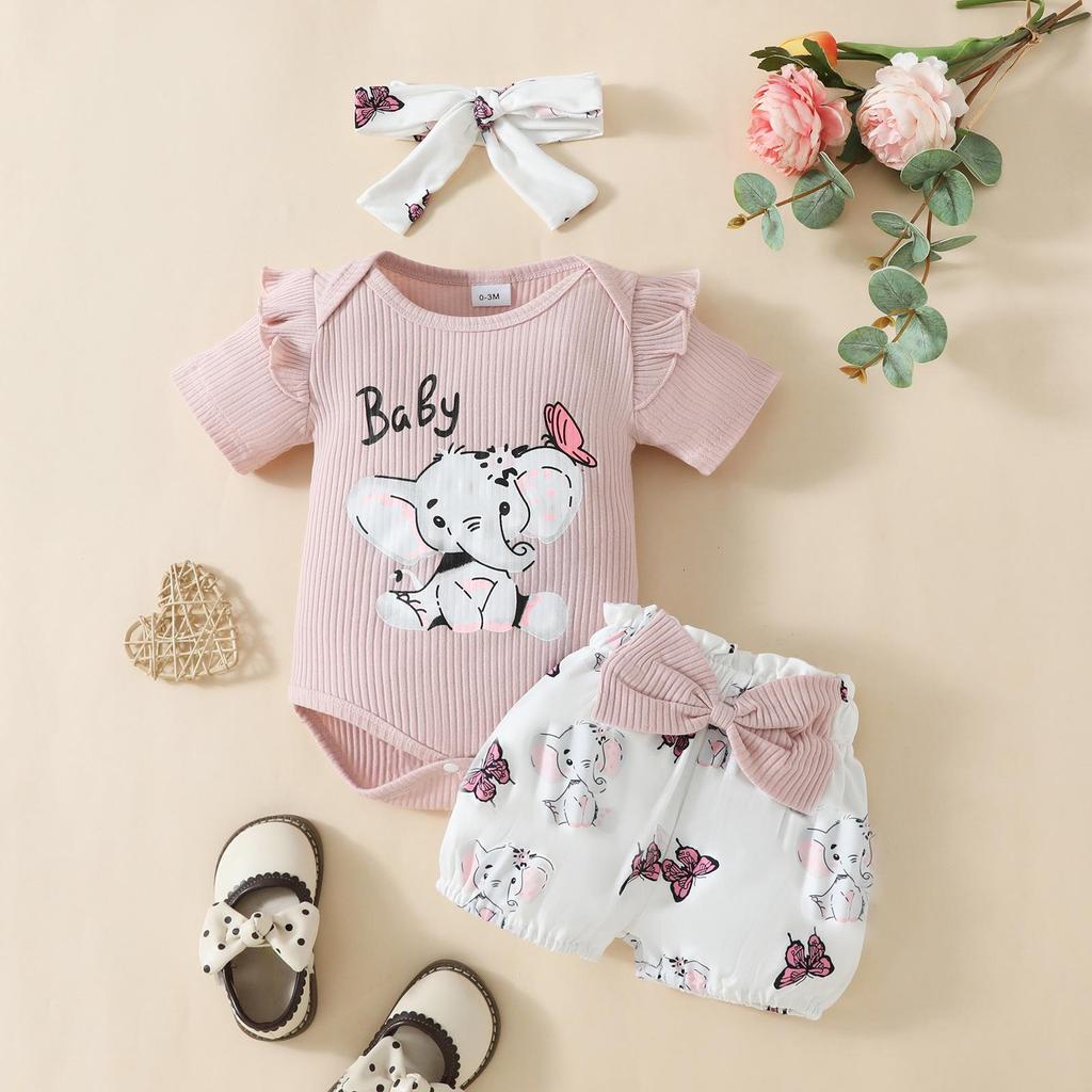 Summer Elephant Print T-shirt & Shorts Set for Baby Girls - Flutter Sleeve Romper with Bow Shorts