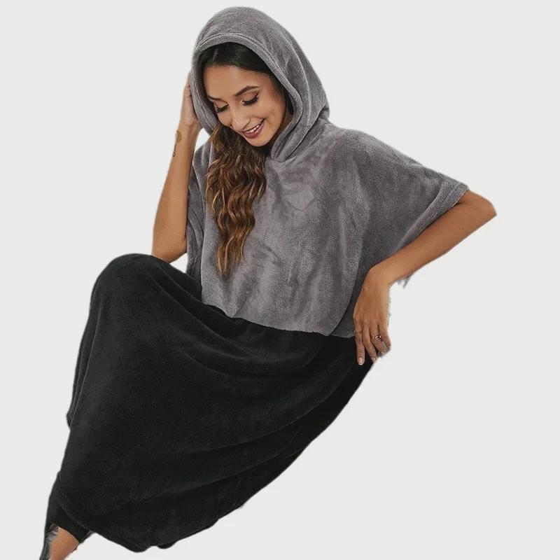 "Summer Two-Color Wearable Coral Fleece Casual Bathrobe with Hood"