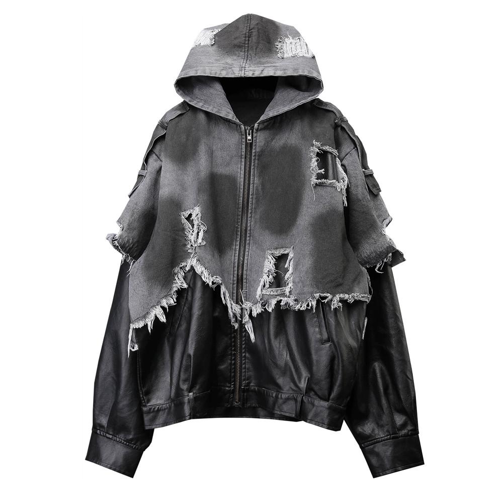 STREETRICH Ripped Hole Tassel Denim Patchwork