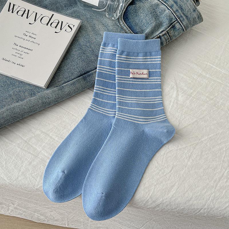 Female Autumn New Product Retro Fashion Assorted Striped Cloth Label College Wind Tube Cotton Socks
