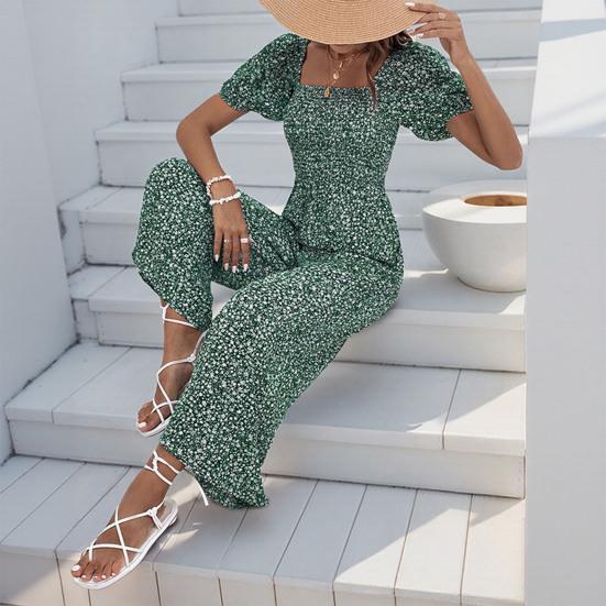 Women's Square Neck Jumpsuit Floral Puff Short Sleeve Wide Leg Pants Romper Summer Casual