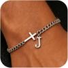 Men Cross Cuban Chain Bracelets for Men Initial A-Z Faith Cross Bracelets, Stainless Steel Initial Bracelet Religious Jewelry