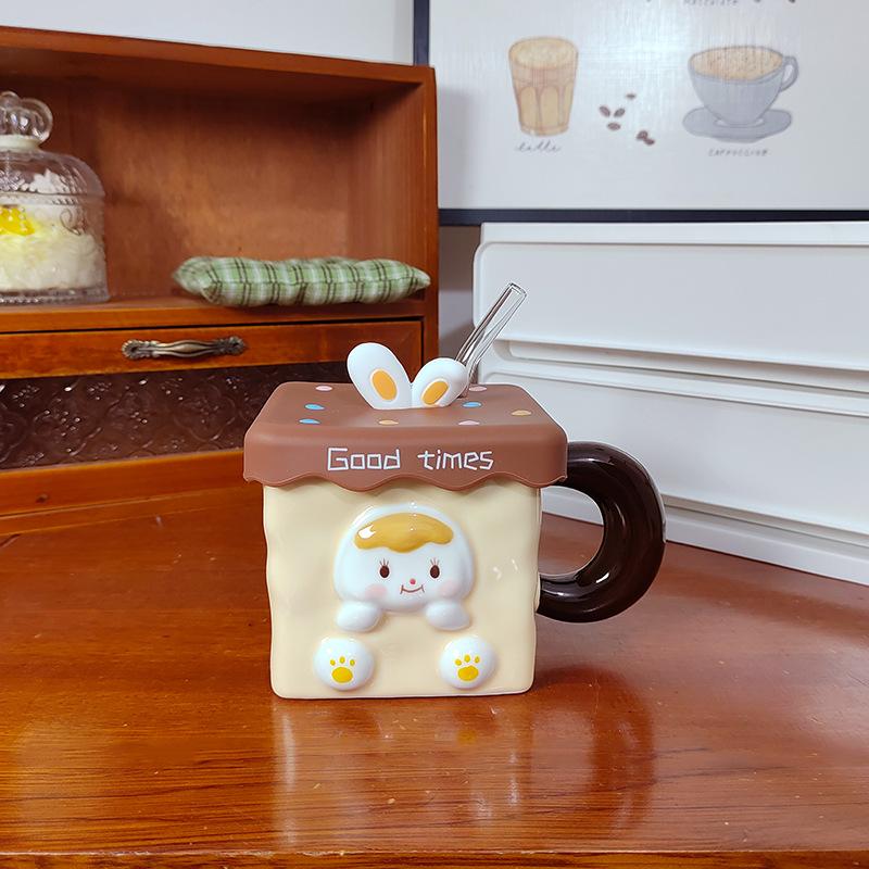Cana Iepure Tridimensional Drăguță cu Capac Pai Cadou Creativ pentru Fată Cană Ceramică Pătrată pentru Mic Dejun Birou
