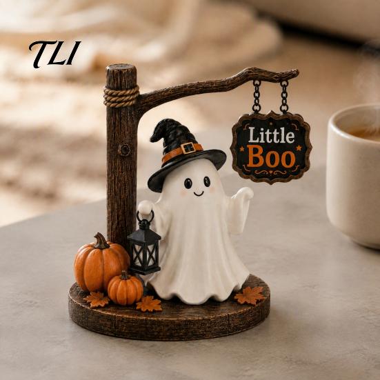 Autumn Home Decor Cute Ghost Figurine with Witch Hat, Resin Halloween Tabletop Decor, Little Whimsical Hat Boo Statue for Fall Office Shelf