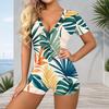 Women Plus Size Tropical Leaf Print V Neck Short Sleeve Button Front Fitted Romper