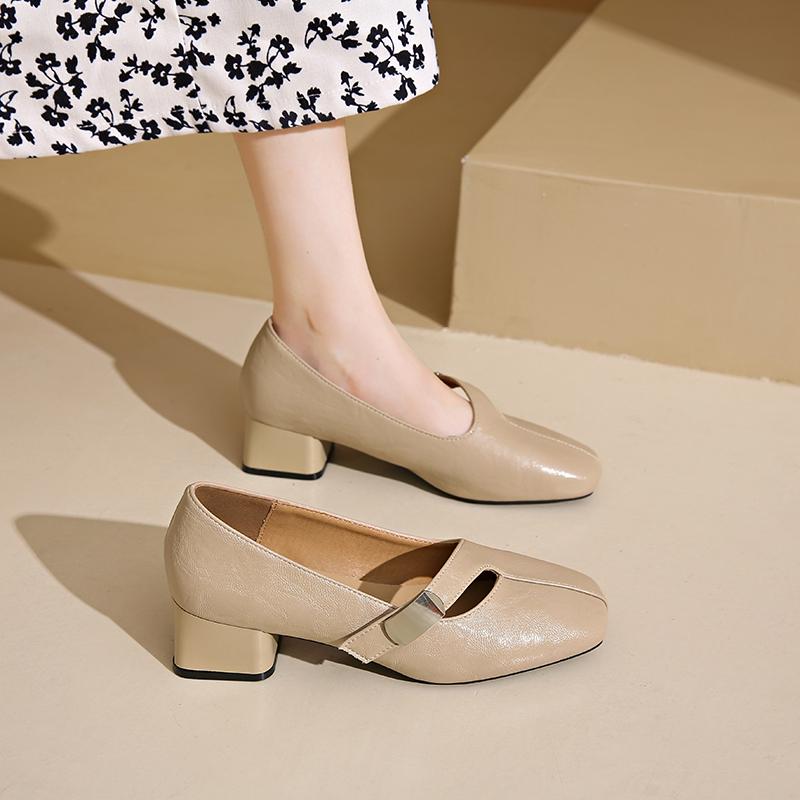 Fashion Women's Chunky Single Shoes Spring New Square Head Shallow Hollow Metal Buckle Soft Sole Non-slip Low-top Shoes