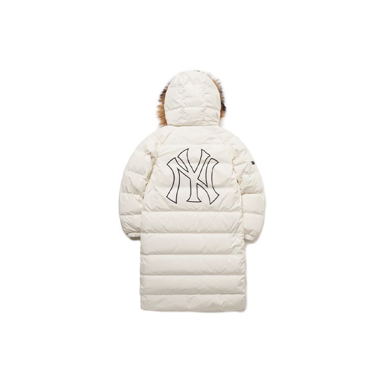 MLB Basic Logo Series New York Yankees Back Fur Collar Hooded Long Down Jacket Unisex Outerwear White 3ADJJ0316-50IVS