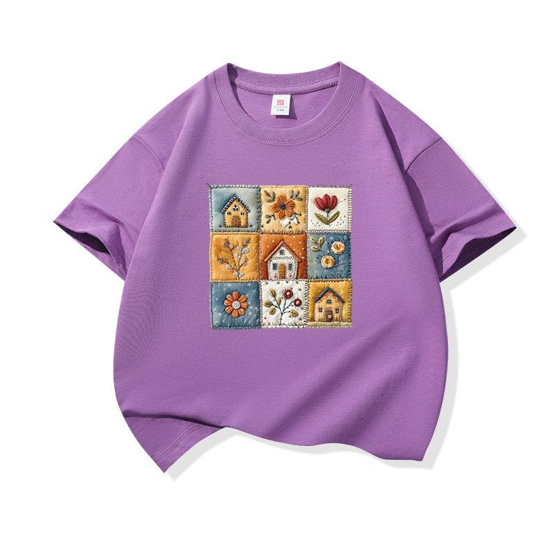 Kids Cotton T Shirt Cute Floral House Print Crew Neck Short Sleeve Tee Casual Breathable Boys Girls Summer Tops