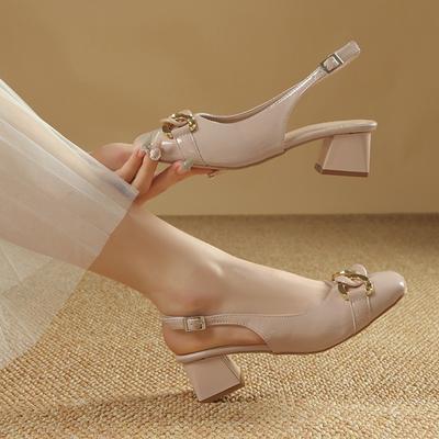 Foreign Style Outer Wear Solid Color Sandals 2025 Summer One-word Buckle with Skirt Single Shoes Thick Heel Non-slip Fashion Shoes Foreign Trade