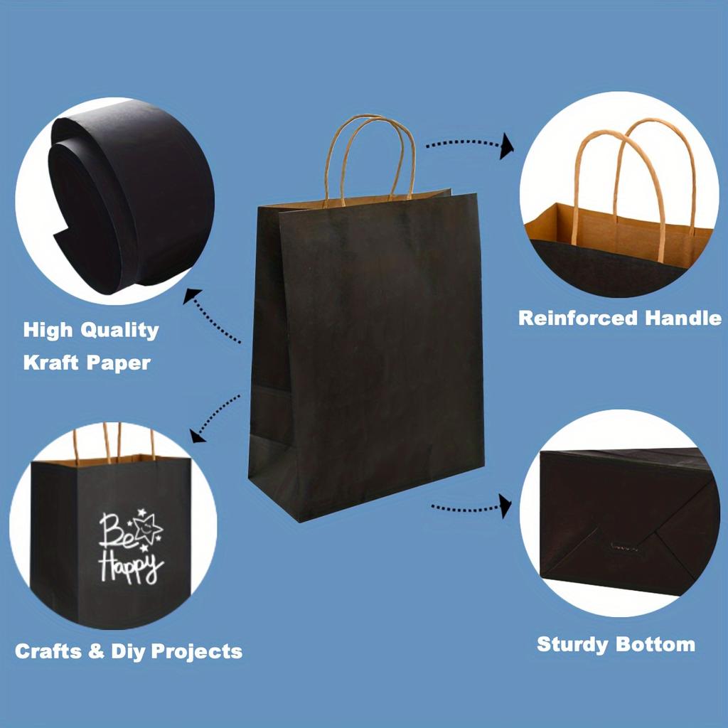 10pcs Black Kraft Paper Gift Bags with Handles Perfect for Retail Shopping, Party Favors, and Gift Packaging - Eco-Friendly Reusable Gift Totes