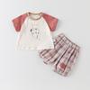 Sommer Jungen Cartoon Print Zweiteiliges Set: Kurzarm-T-Shirt & Karierte Shorts