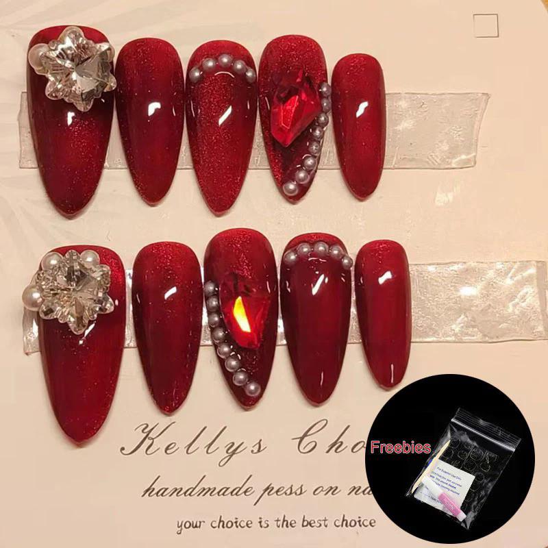 

Полные ручная работа, миндалевидные ногти, вишнево-красные драгоценные камни, кошачий глаз, жемчуг, многоразовые ногти для фототерапии S