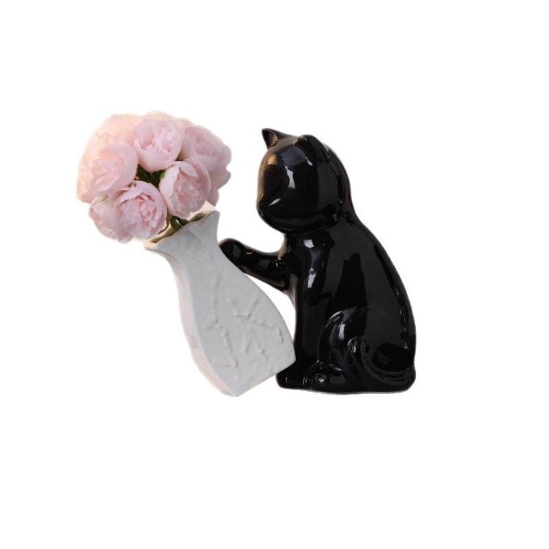 Creative Black Ceramic Cat Vase Countertop Decoration Fresh Flower Hydroponic Vase Abstract Cat Dining Table Living Room Decor