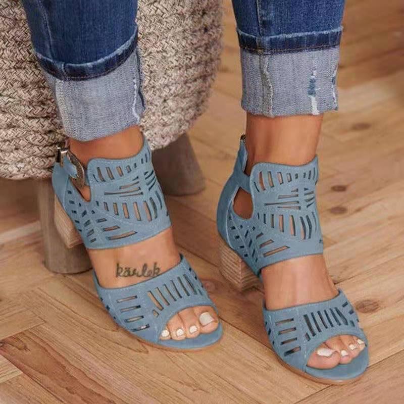 Elegant Women Chunky Block Heels Sandals With Peep Toe And Ankle Strap Buckle