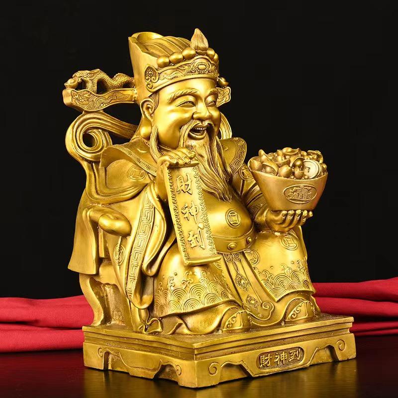 Large Yellow Brass God of Wealth Statue on Dragon Chair, Wen Cai Shen Design, Ideal for Shop Opening or Home Worship.