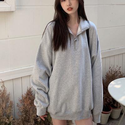 Casual Oversized Sweatshirts Women Korean Fashion Kpop Polo Collar Grey Solid Pullovers Autumn Streetwear