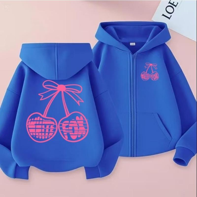 Cherry Print Zipper Hooded Women's Spring and Autumn Loose Back Large Pattern Cardigan Sweatshirt