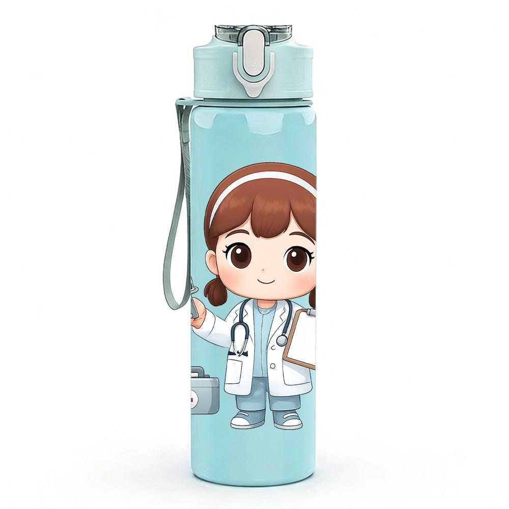 1PC Female Nurse Cartoon Art 750ml Color Plastic Sports Water Bottle Leakproof Flip Straw Lid Suitable for Sports Office Home Use