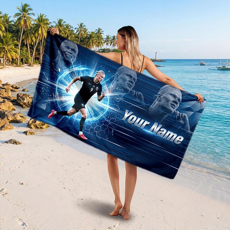 Erling Haaland Benutzerdefiniertes Strandtuch, Personalisierter Namens-Textdruck, Fußball-Logo Weiches Schnelltrocknendes Handtuch Urlaubsgeschenk