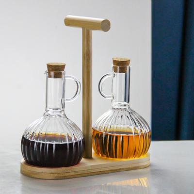 300ml Glass Oil Cruet with Wooden Stand, Heat Resistant Sauce & Vinegar Bottle, Kitchen Condiment Dispenser with Spout