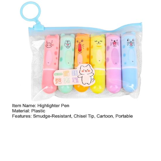 6Pcs Chisel Tip Highlighter Marker, Cute Marker Pen, Cartoon Macaron Highlighter No-Bleed Ink Markers for Journaling, Planners, and Office Documents