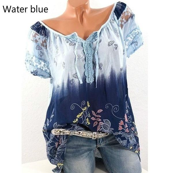 New Women Summer Casual Floral Printed Tops Short Sleeve Shirts Blouses  Summer Fashion Casual Top Blouse Plus Size XS-5XL