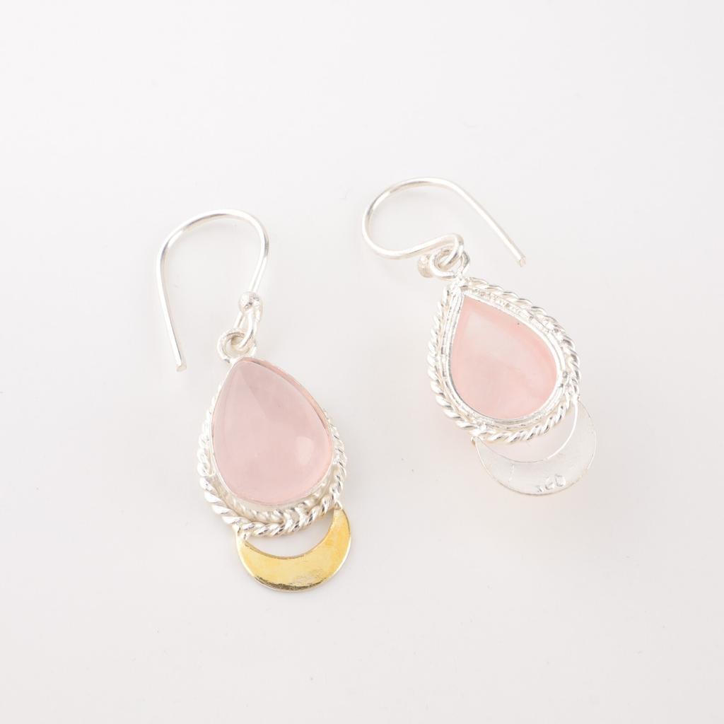 Natural Rose Quartz Gemstone  925 Sterling Silver Jewelry Handmade Earrings 1.5" EE-162-29