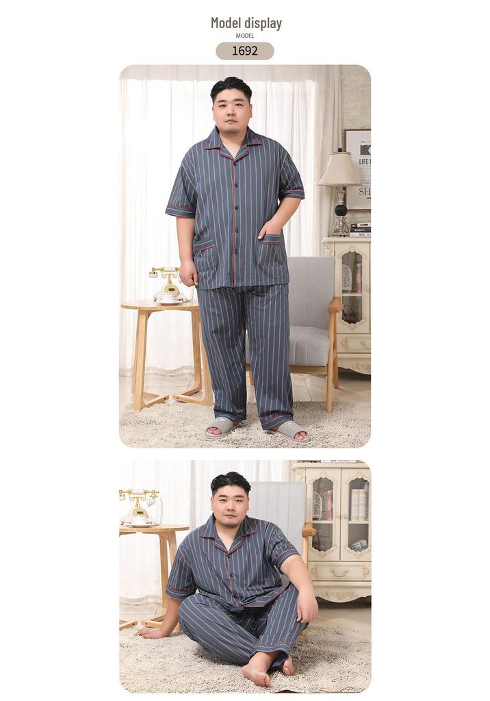 Mei Ji Yun Men's Cotton Lapel Pajama Set - Short Sleeve, Long Pants, Plus Size