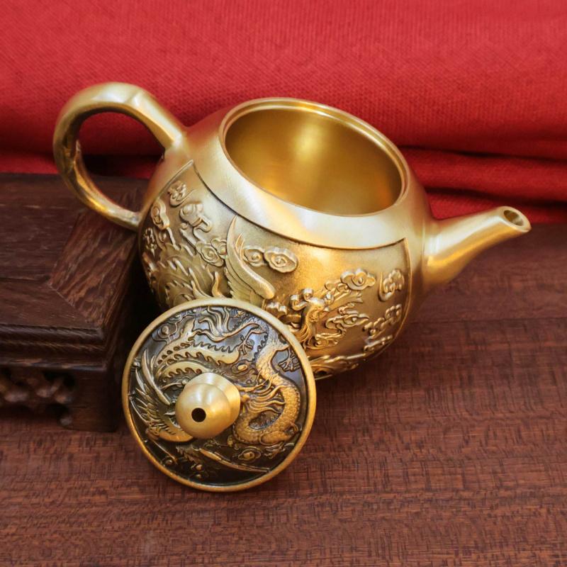 Brass Dragon and Phoenix Handheld Ornament Small Teapot Craft Set Wine Pot Office Tea Seat Home Decor