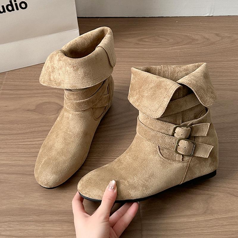 Vintage Suede Two-wear Stacked Short Boots Women's 0000 New Autumn Meradne Heightening Mid-tube Western Cowboy Boots