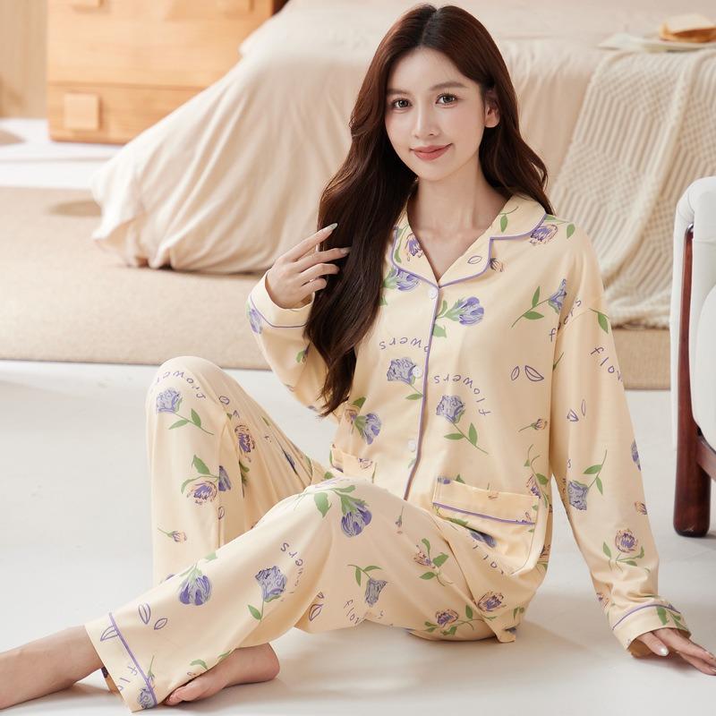Women's Pajamas Spring and Autumn Imitation Cotton Long-sleeved Autumn New Large-size Cardigan Set Mother Loungewear