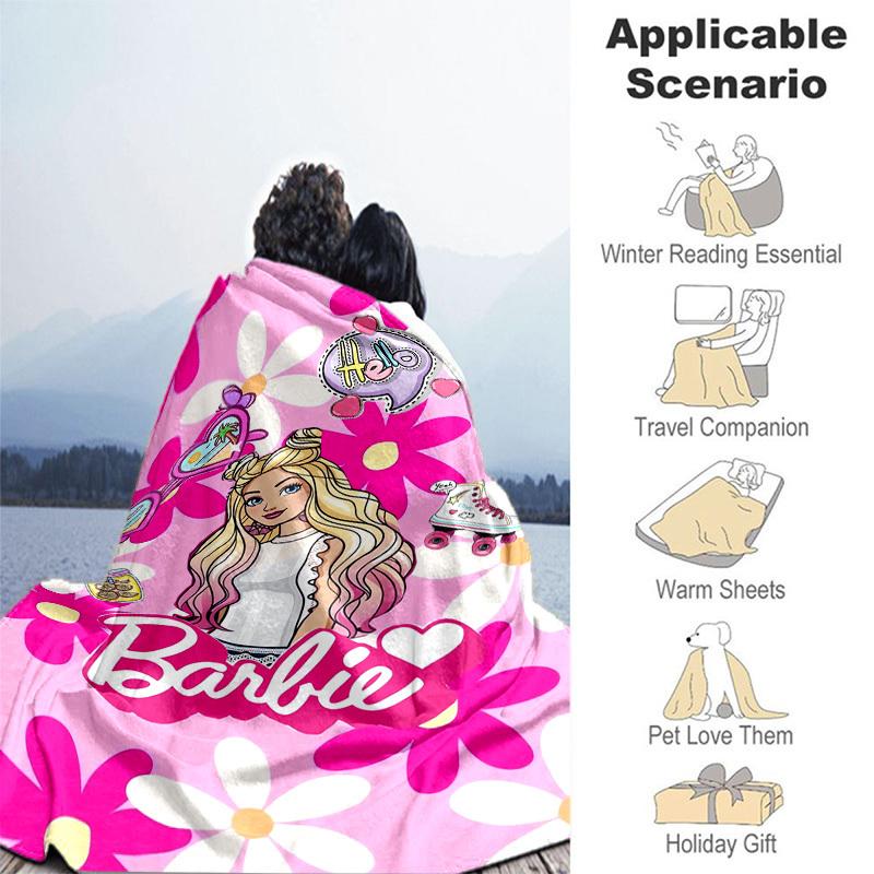 1pc Barbie Floral Summer Vibes Cartoon Blanket,Portable Throw for Travel & Camping, All Season Cozy Blanket,Ideal Gift