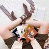 Little Bear Women's Cute Mid-Calf Feather Yarn Socks - Japanese Style in Coffee Color, Ideal for Spring & Autumn.