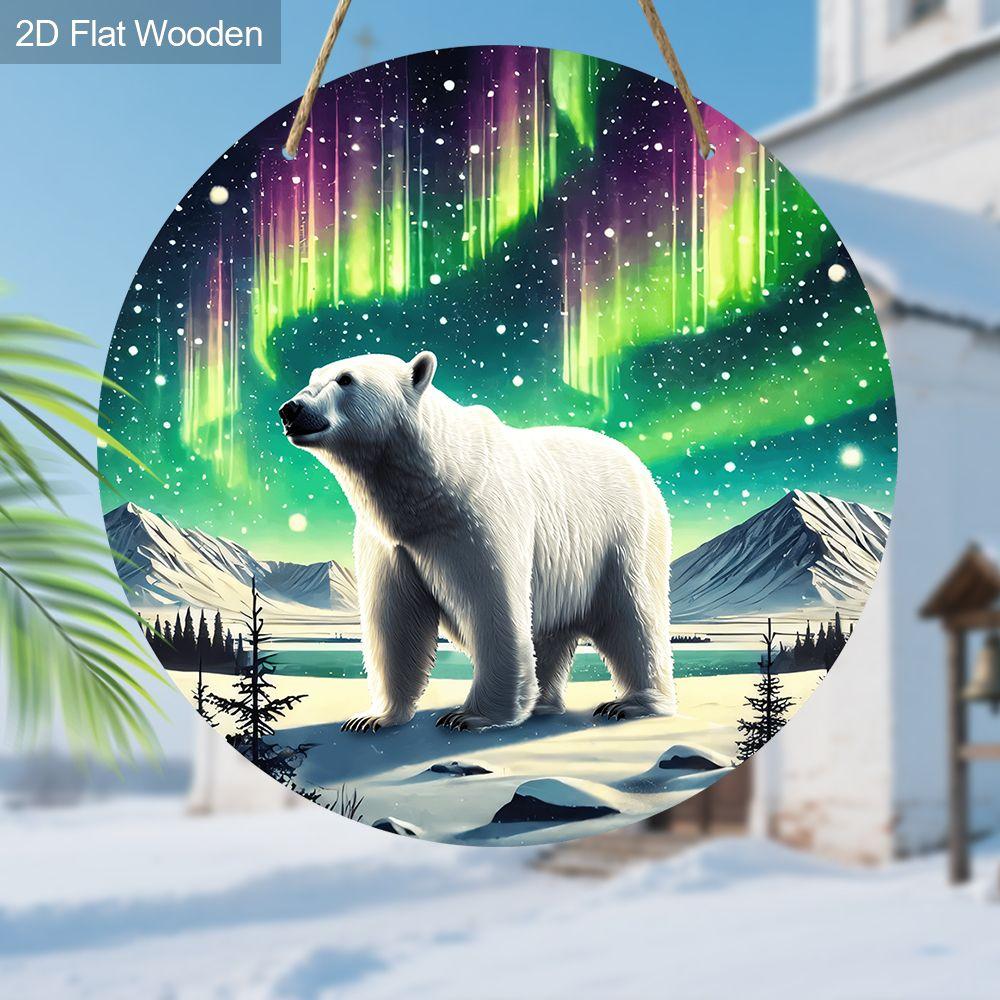2D flat wooden hanging decorative signs, home wall or door decoration, garden decoration, the pattern is a polar bear and aurora, gifts for friends