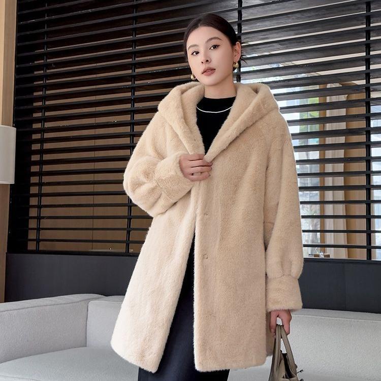 Women's Winter Fur Coat Mid-Length Thickened Eco-Friendly Hooded Fur Coat Faux Mink Fur Coat
