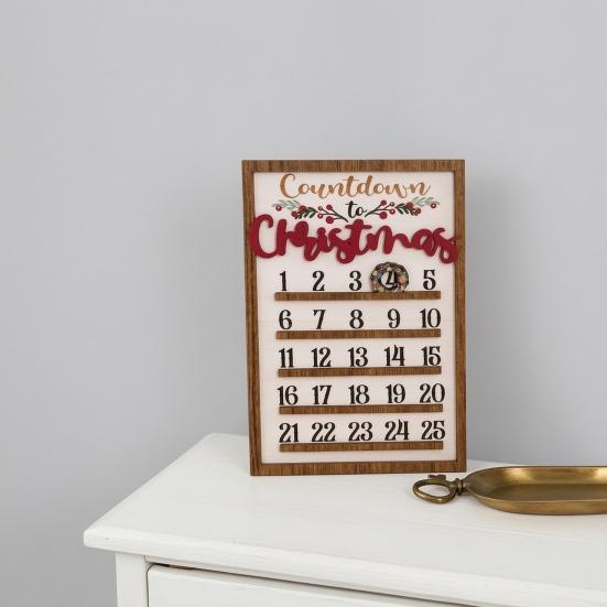 Artistic Window Decoration Wooden Christmas Countdown Calendar, 25 Days Advent Calendar Sign with Natural Poplar Wood Craft Movable Wreath Marker,