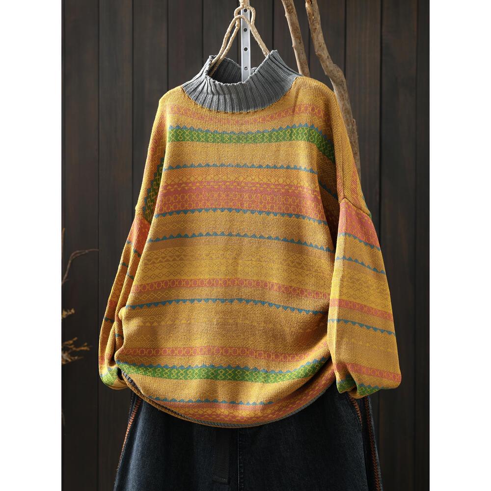 Winter Women's Colorful Striped Oversized Knit Sweater with Half-High Collar