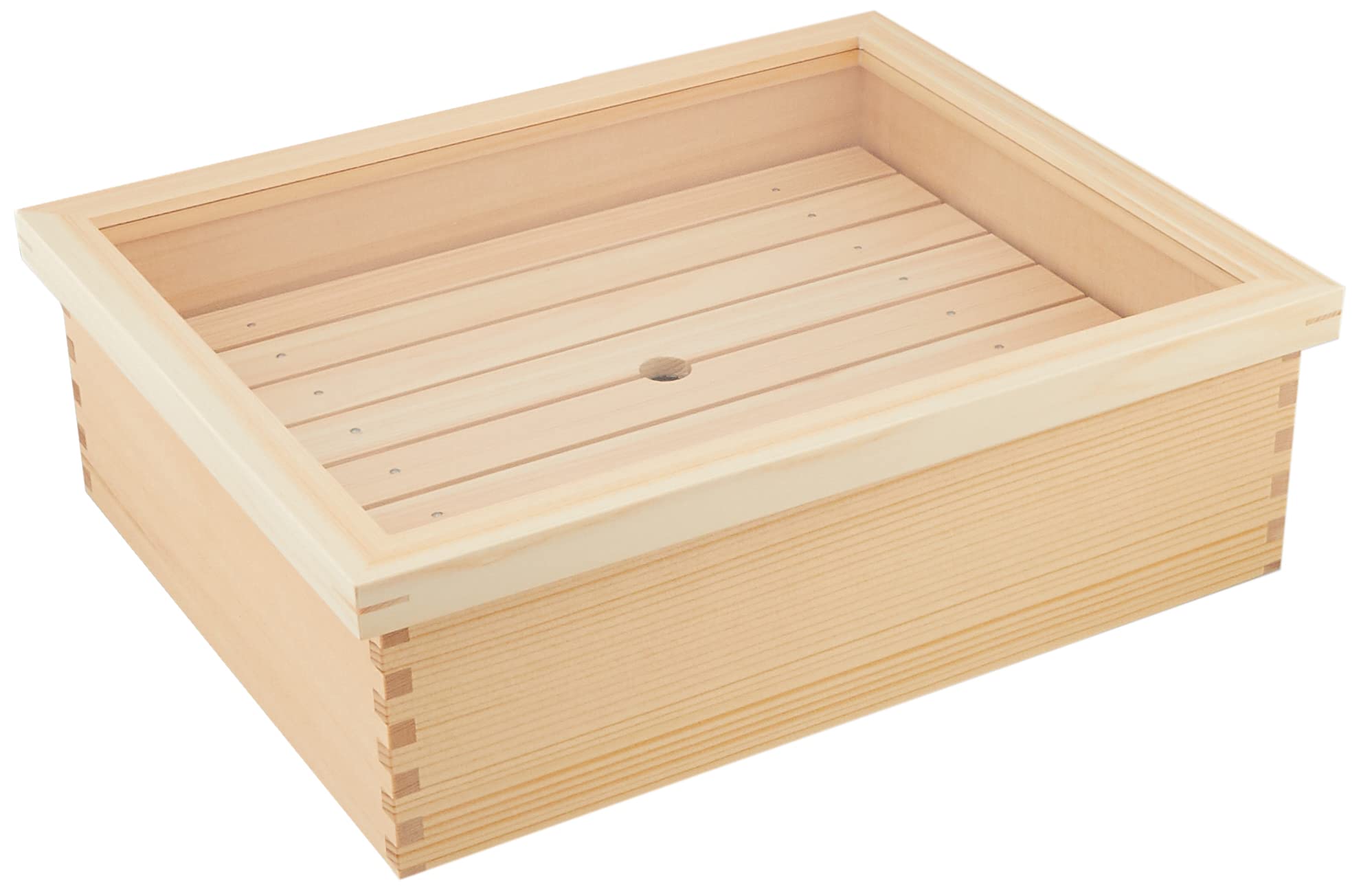 

Yamako Japanese-made Neta Box with Lid, Strainer, and Stainless Steel Tray (Small), 36 x 28.8 x 11.7 cm, Commercial-Grade, White Wood, 10343