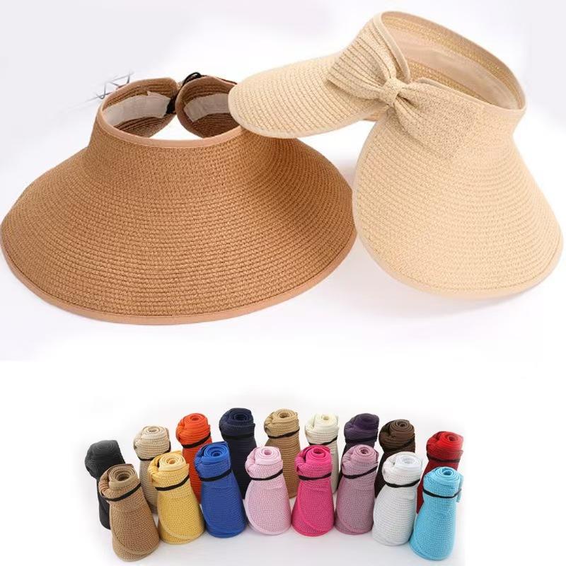 2026 New Women Summer Visors Hat Foldable Wide Large Brim Bowknot Empty Top Straw Hats chapeau femme Beach UV Protection Caps