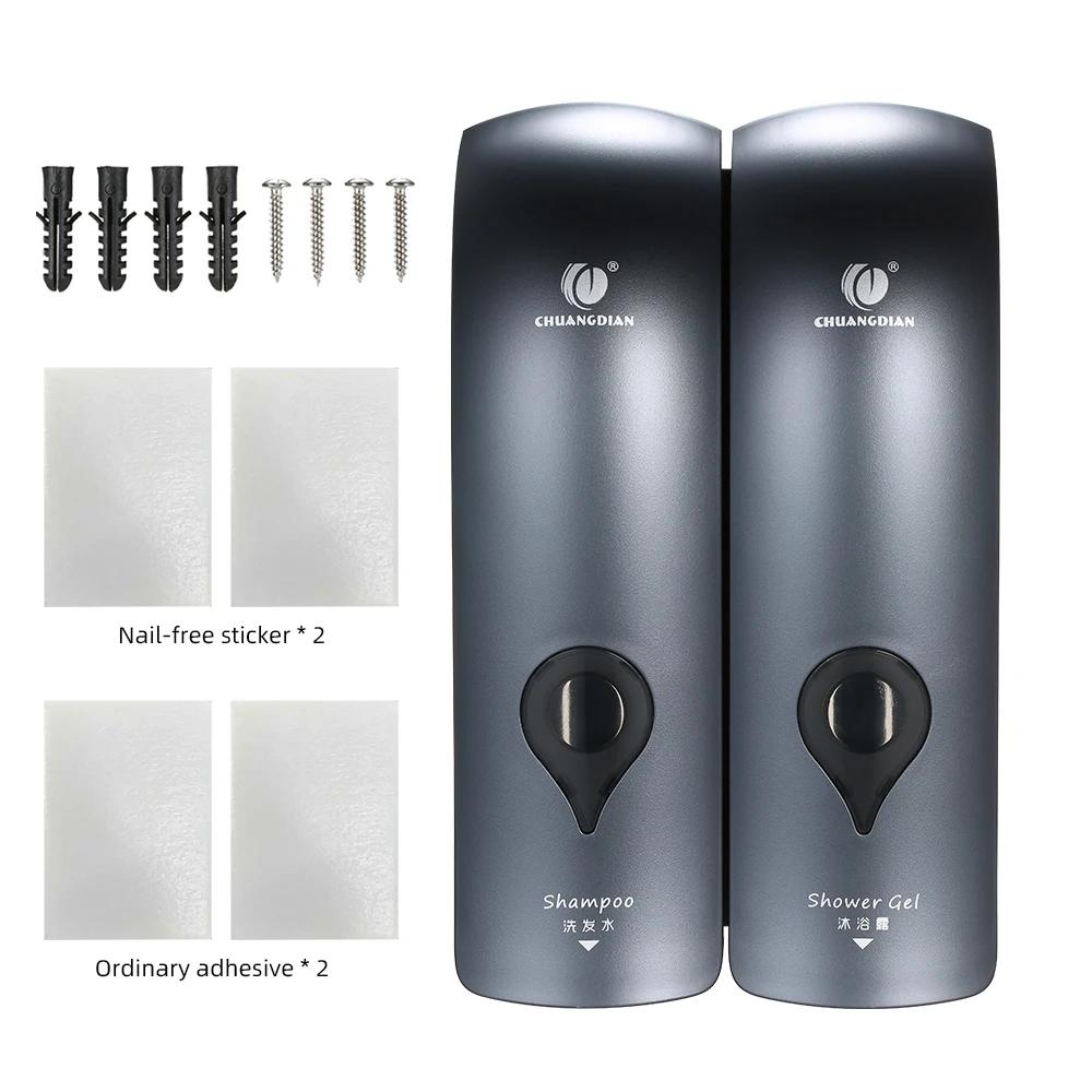 300ml*2 Wall Mounted Double-Head Manual Soap Dispenser Shower Gel Liquid Shampoo Dispenser Holder W/ Adhesive Stickers for Hotel