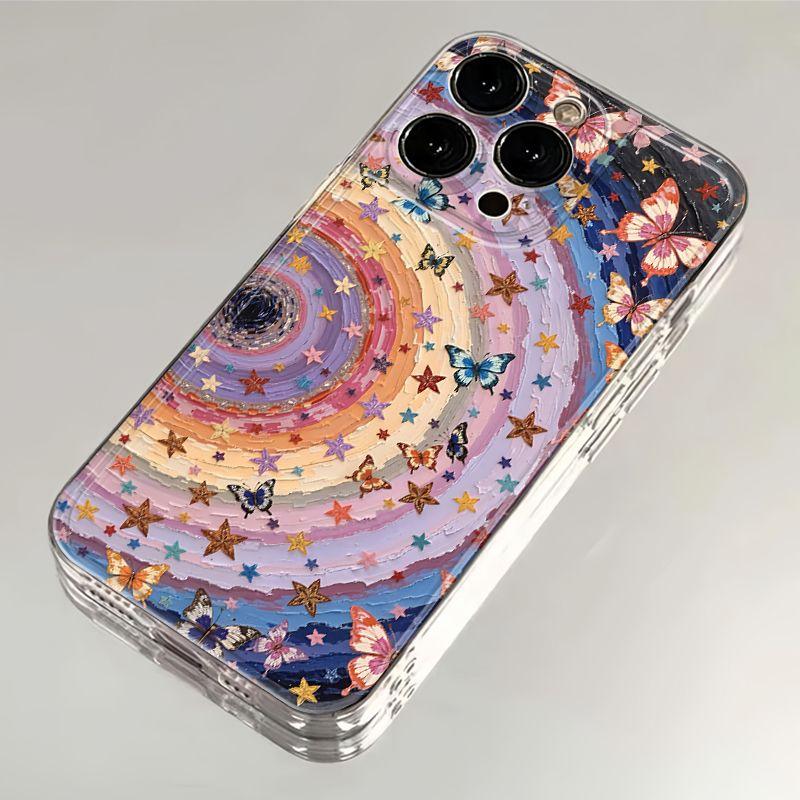 Oil Painting Starry Butterfly Phone Case For Apple iPhone16promax-Soft Silicone Shockproof Creative Cover On iPhone16/15/14/13/12/11/Pro/Plus/Promax