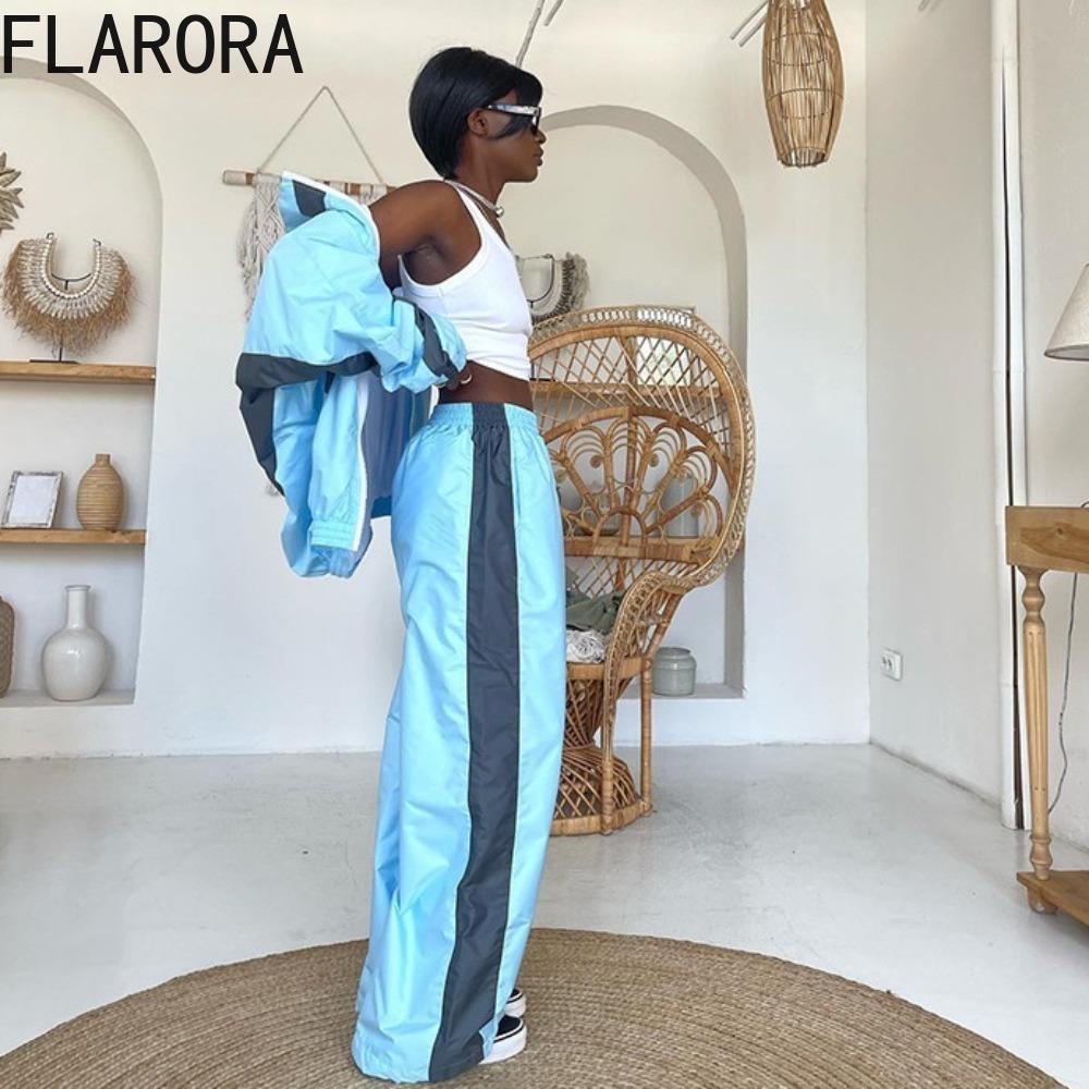 FLARORA Mode Color-Blocking 2-teilige Sets Damen Langarm Reißverschluss Lockere Jacken und Gerade Bein Hosen Outfits Street Trainingsanzüge