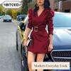 Women's Fashion Autumn Winter Solid Color Print Long Sleeve V-Neck Casual Dresses