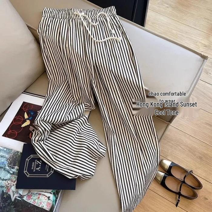Women’s Summer 2026 Elastic Waist Striped Drawstring Casual Pants: Japanese & Korean Slimming Straight-Leg Style Medium чёрный